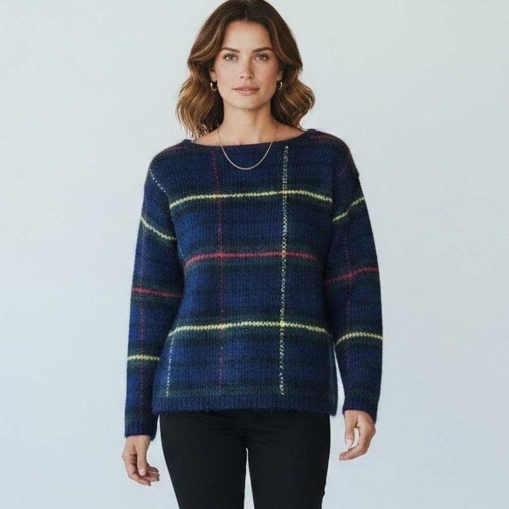 Jones New York Sport Mohair Blend Plaid Sweater Blue Green Small Fuzzy Heritage